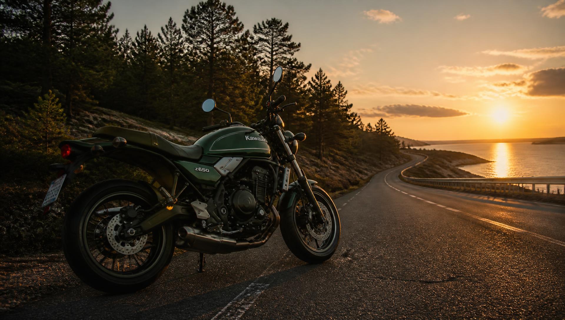 Grön Kawasaki Z650RS på en kustväg i solnedgången